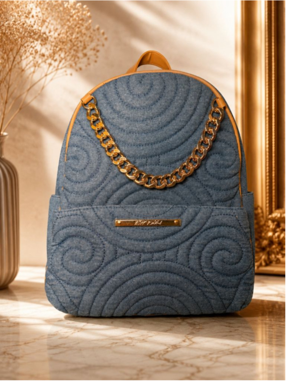 Betsey Johnson Blue Denim Backpack One Size with Brown Straps